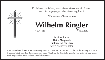 Traueranzeige von Wilhelm Ringler von Pegnitz-Zeitung